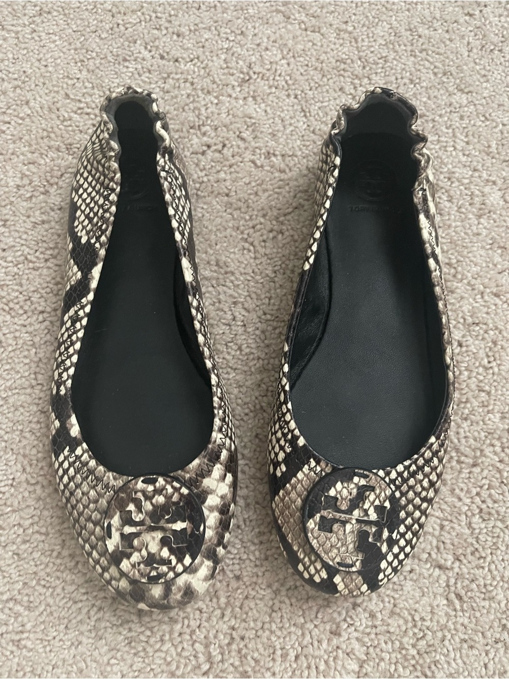 Tory Burch Snake-Print Reva Ballet Flats - Black & Cream